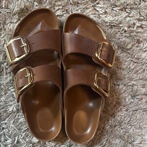 Birkenstock Brown Sandals with Gold Buckles